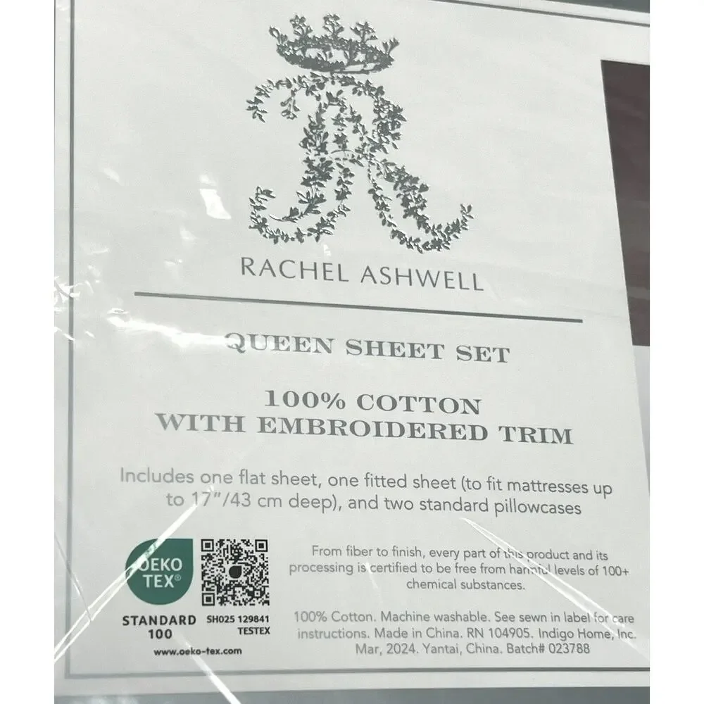 Rachel Ashwell Embroidered Eyelet Hem QUEEN Sheet Set White All Cotton NIP